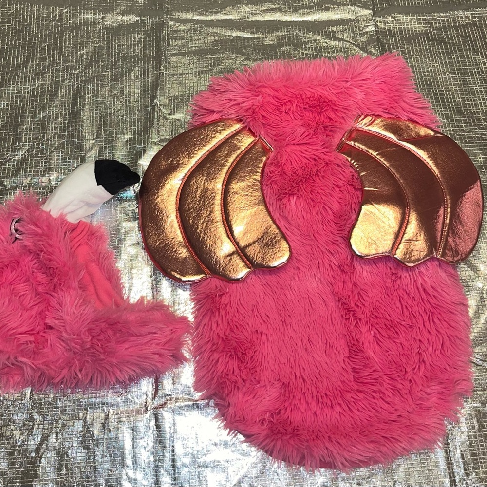 Silver paw Pink Furry Flamingo Dog Costume with Gold Wings